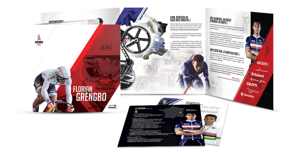 Dossier de sponsoring rouge et blanc du cycliste sur piste Florian Grengbo, plaquette ouverte et fiche palmarès