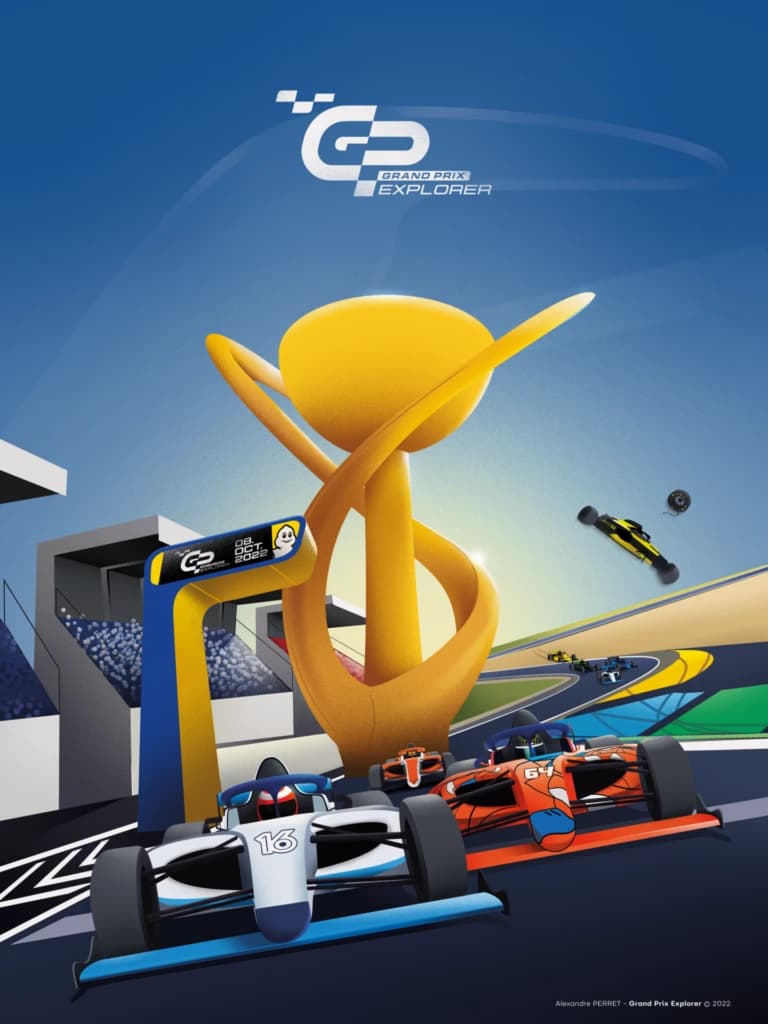 Affiche illustrée du Grand Prix Explorer du 8 octobre 2022 : monoplaces n°16 et n°64 au premier plan devant un trophée doré géant, tribunes et circuit